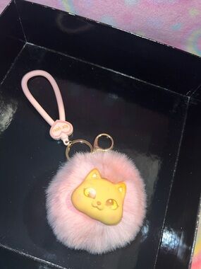 Pink Fuzzy Pom Keychain with Cute Cat Face